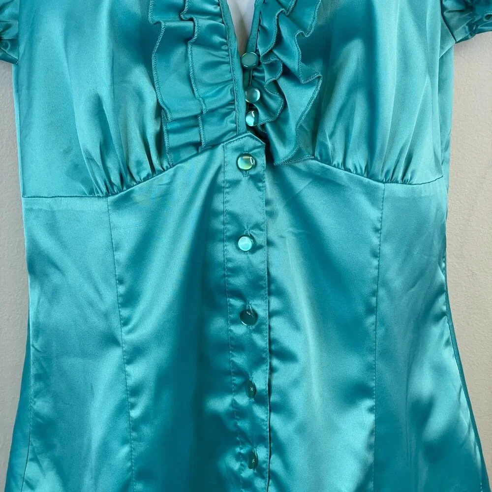 Vintage Y2K Top Medium Coquette Silky Satin Ruffle Puff Sleeve Keyhole High Neck - Picture 4 of 11